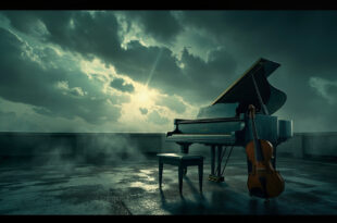 Abandoned piano and violin on a rooftop terrace during a thunderstorm, dark storm clouds looming overhead