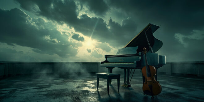 Abandoned piano and violin on a rooftop terrace during a thunderstorm, dark storm clouds looming overhead