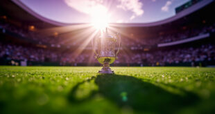 Wimbledon Centre Court empty before final match with championship trophy prominently displayed on pristine grass