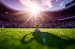 Wimbledon Centre Court empty before final match with championship trophy prominently displayed on pristine grass