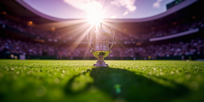 Wimbledon Centre Court empty before final match with championship trophy prominently displayed on pristine grass