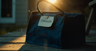 Empty L.L. Bean tote bag with canceled label sits on wooden surface near mailbox, navy and cream colors visible