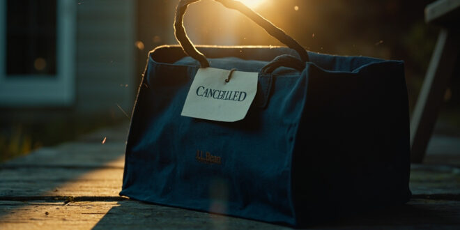 Empty L.L. Bean tote bag with canceled label sits on wooden surface near mailbox, navy and cream colors visible