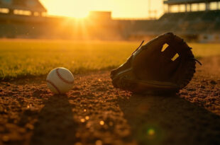 Empty baseball glove on pitcher's mound with lone baseball on home plate in abandoned stadium at sunset
