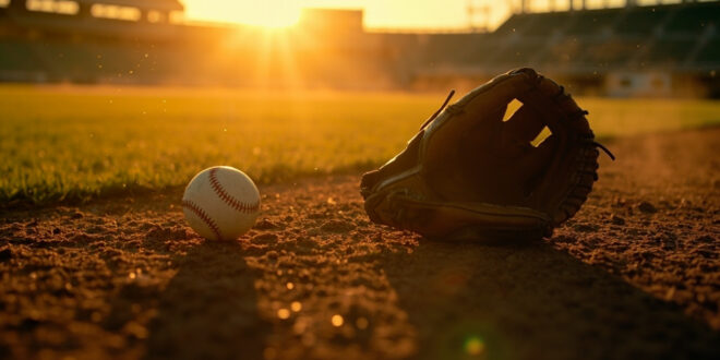 Empty baseball glove on pitcher's mound with lone baseball on home plate in abandoned stadium at sunset