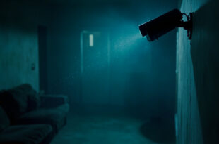 Surveillance camera mounted on wall of empty living room, captured in cold blue lighting suggesting domestic monitoring