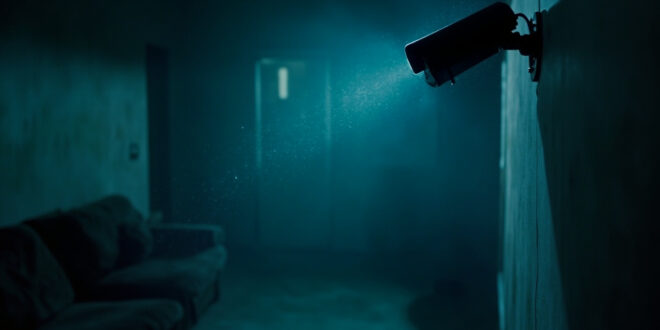 Surveillance camera mounted on wall of empty living room, captured in cold blue lighting suggesting domestic monitoring