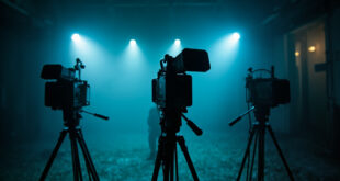 Abandoned television studio with darkened equipment and silent cameras capturing the media bankruptcy crisis