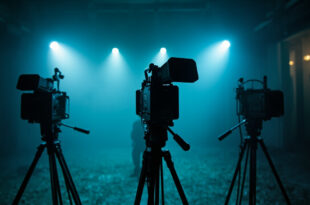 Abandoned television studio with darkened equipment and silent cameras capturing the media bankruptcy crisis