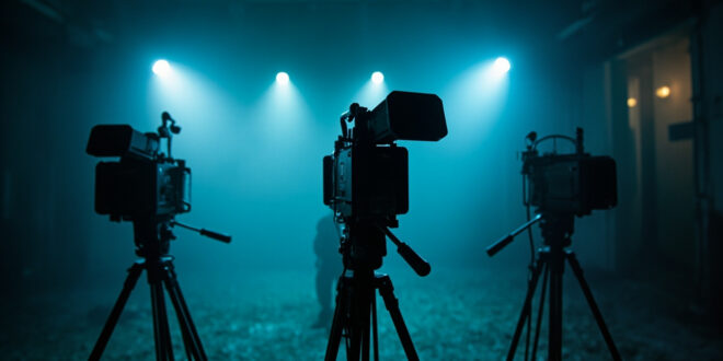 Abandoned television studio with darkened equipment and silent cameras capturing the media bankruptcy crisis