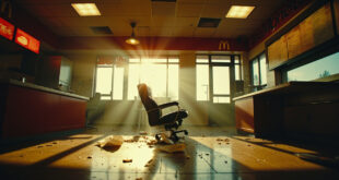 Abandoned McDonald's counter with overturned chair in manager's office and scattered papers in empty restaurant
