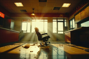 Abandoned McDonald's counter with overturned chair in manager's office and scattered papers in empty restaurant