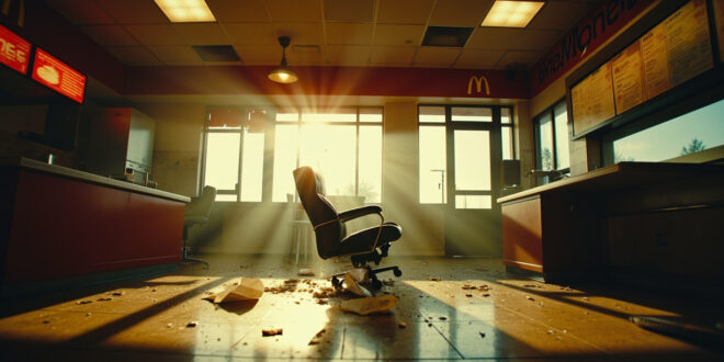 Abandoned McDonald's counter with overturned chair in manager's office and scattered papers in empty restaurant