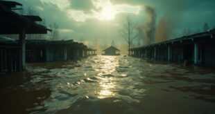 Destroyed wooden cabins partially submerged in muddy floodwaters at abandoned summer camp with debris floating in rushing water