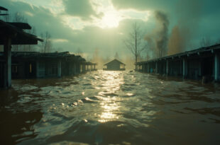 Destroyed wooden cabins partially submerged in muddy floodwaters at abandoned summer camp with debris floating in rushing water