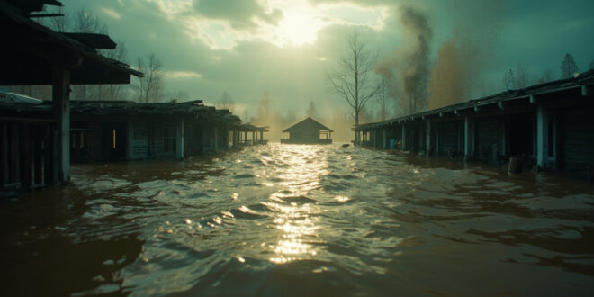 Destroyed wooden cabins partially submerged in muddy floodwaters at abandoned summer camp with debris floating in rushing water