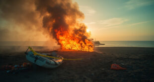 Abandoned inflatable boat and discarded life jackets on deserted beach with burning barricade at dawn, smoke rising