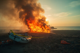 Abandoned inflatable boat and discarded life jackets on deserted beach with burning barricade at dawn, smoke rising