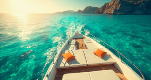 Empty luxury yacht floating peacefully in turquoise Mediterranean waters off French Riviera, elegant white deck with summer accessories