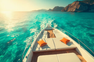 Empty luxury yacht floating peacefully in turquoise Mediterranean waters off French Riviera, elegant white deck with summer accessories