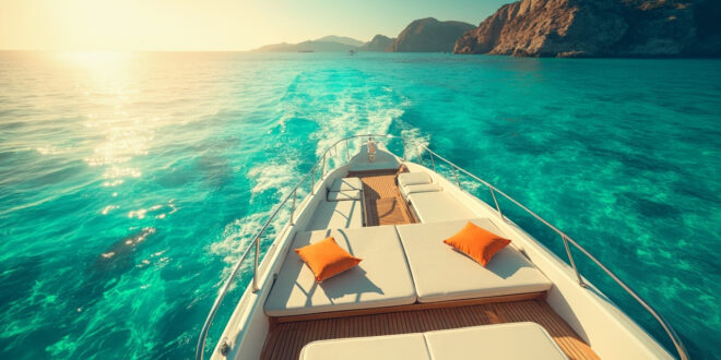 Empty luxury yacht floating peacefully in turquoise Mediterranean waters off French Riviera, elegant white deck with summer accessories