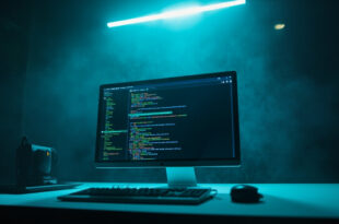 Computer terminal displaying regex code patterns for text extraction in a minimalist tech workspace with blue-green lighting
