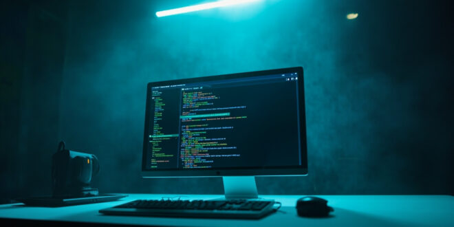 Computer terminal displaying regex code patterns for text extraction in a minimalist tech workspace with blue-green lighting