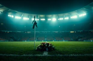 Memorial wreath and black ribbon on goalpost in empty football stadium at night during moment of remembrance