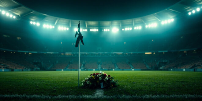 Memorial wreath and black ribbon on goalpost in empty football stadium at night during moment of remembrance