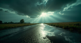 Dark storm clouds gather over deserted German countryside, with rainwater pooling on an empty street in summertime