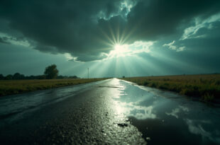 Dark storm clouds gather over deserted German countryside, with rainwater pooling on an empty street in summertime