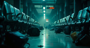 Abandoned suitcases sit forlornly in an empty airport terminal at night, rows of vacant seats visible in dim lighting