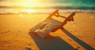 Unopened prize envelope with money symbol rests on empty beach chair at pristine beach during golden hour
