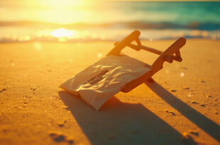 Unopened prize envelope with money symbol rests on empty beach chair at pristine beach during golden hour
