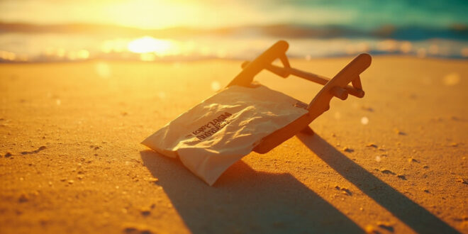 Unopened prize envelope with money symbol rests on empty beach chair at pristine beach during golden hour