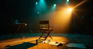 Empty director's chair with scattered romance script pages in an abandoned television studio at twilight