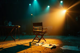 Empty director's chair with scattered romance script pages in an abandoned television studio at twilight