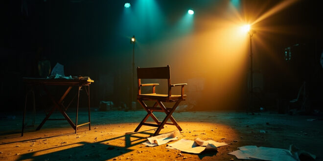 Empty director's chair with scattered romance script pages in an abandoned television studio at twilight