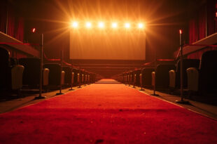 Empty red carpet with festival barriers leading to vacant cinema seats and projection screen at twilight in abandoned film festival venue