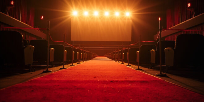 Empty red carpet with festival barriers leading to vacant cinema seats and projection screen at twilight in abandoned film festival venue