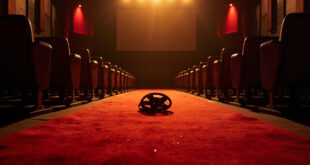 Empty red carpet with vintage film reel at deserted film festival venue at dawn, abandoned cinema seats facing blank screen