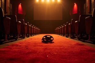 Empty red carpet with vintage film reel at deserted film festival venue at dawn, abandoned cinema seats facing blank screen