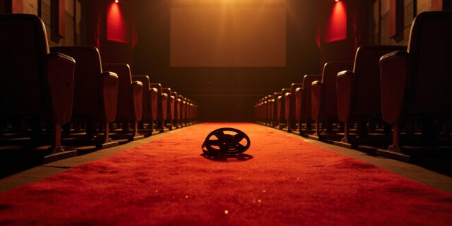 Empty red carpet with vintage film reel at deserted film festival venue at dawn, abandoned cinema seats facing blank screen