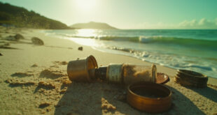 Vintage 1930s artifacts including makeup bottles and personal items scattered across pristine Pacific island beach