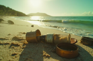 Vintage 1930s artifacts including makeup bottles and personal items scattered across pristine Pacific island beach