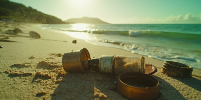 Vintage 1930s artifacts including makeup bottles and personal items scattered across pristine Pacific island beach