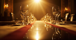 Empty state banquet hall in Windsor Castle's St George's Hall with ornate table settings awaiting diplomatic ceremony