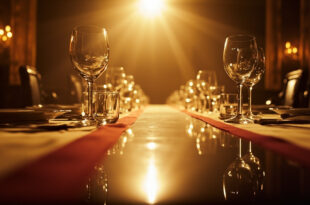 Empty state banquet hall in Windsor Castle's St George's Hall with ornate table settings awaiting diplomatic ceremony