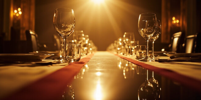 Empty state banquet hall in Windsor Castle's St George's Hall with ornate table settings awaiting diplomatic ceremony