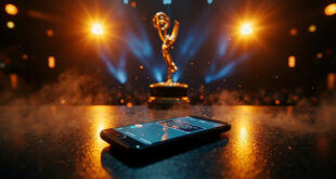 Smartphone displaying Emmy nomination congratulatory messages on dark table with golden trophy in empty awards venue